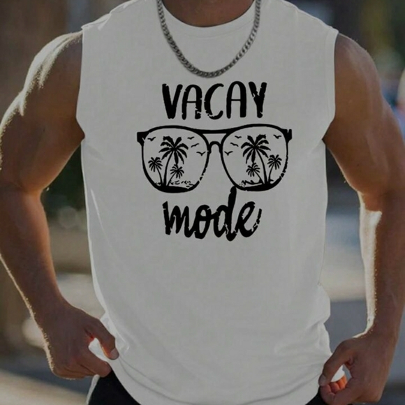 3pcs Set. White 'Vacay Mode' Tank Top with Palm Tree Print Shorts plus Hat - Picture 5 of 6